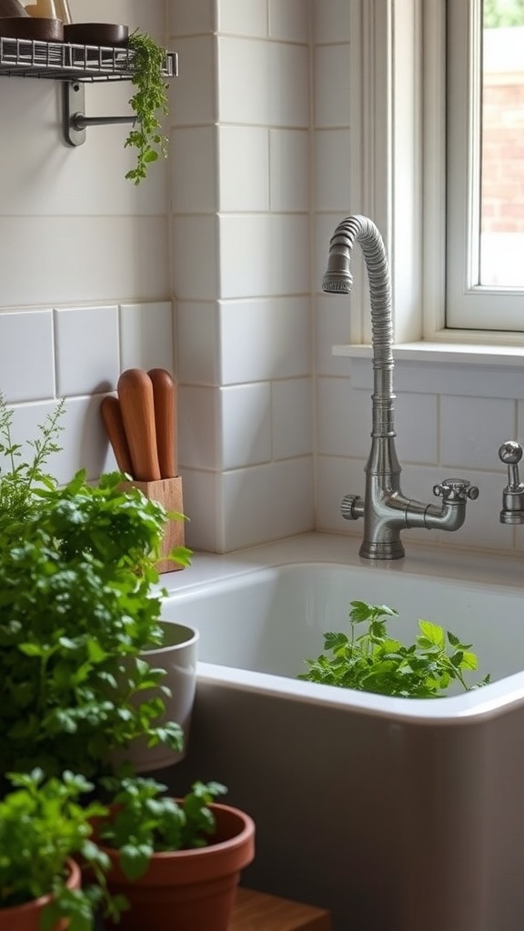 A farmhouse sink with a vintage faucet, surrounded by herbs and wooden utensils.
