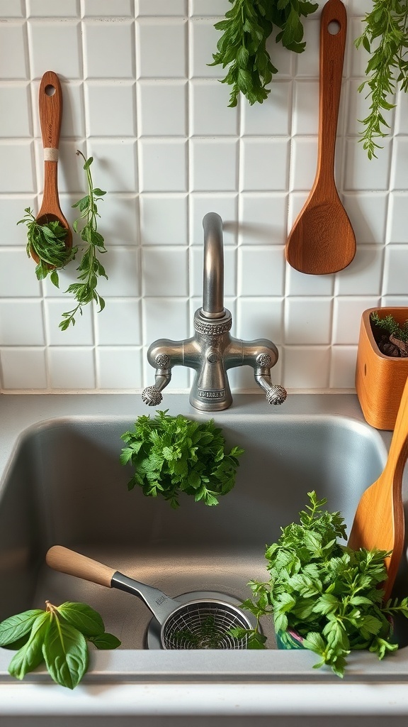 A farmhouse sink with a vintage faucet surrounded by fresh herbs and wooden utensils.