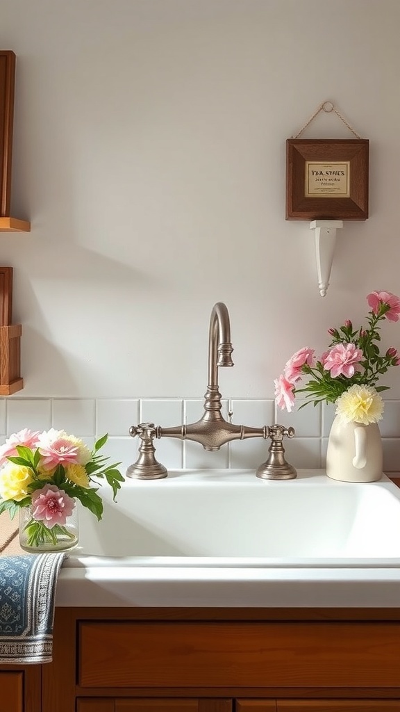 Farmhouse sink with vintage faucet and flowers