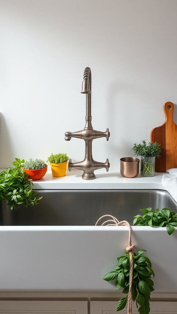 Farmhouse sink with vintage faucet and potted herbs