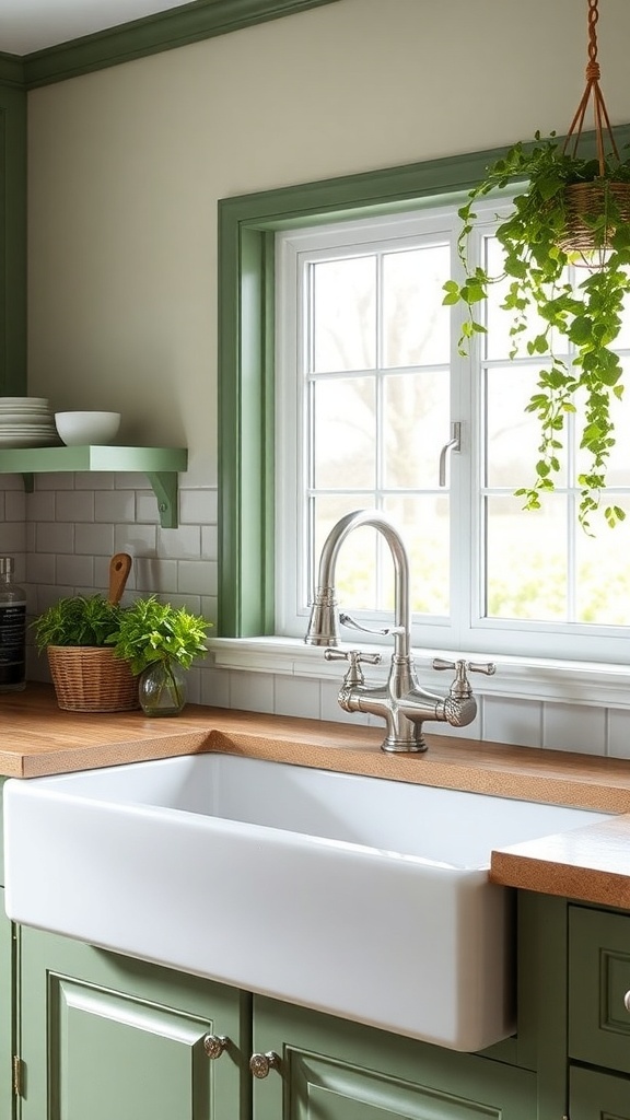 A green farmhouse kitchen featuring a white farmhouse sink and a vintage faucet.