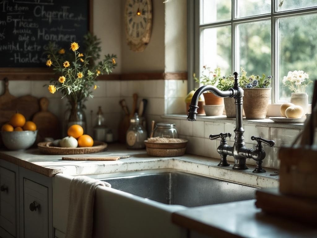 A cozy cottage kitchen featuring a farmhouse sink with vintage fixtures, surrounded by fresh flowers and fruit.