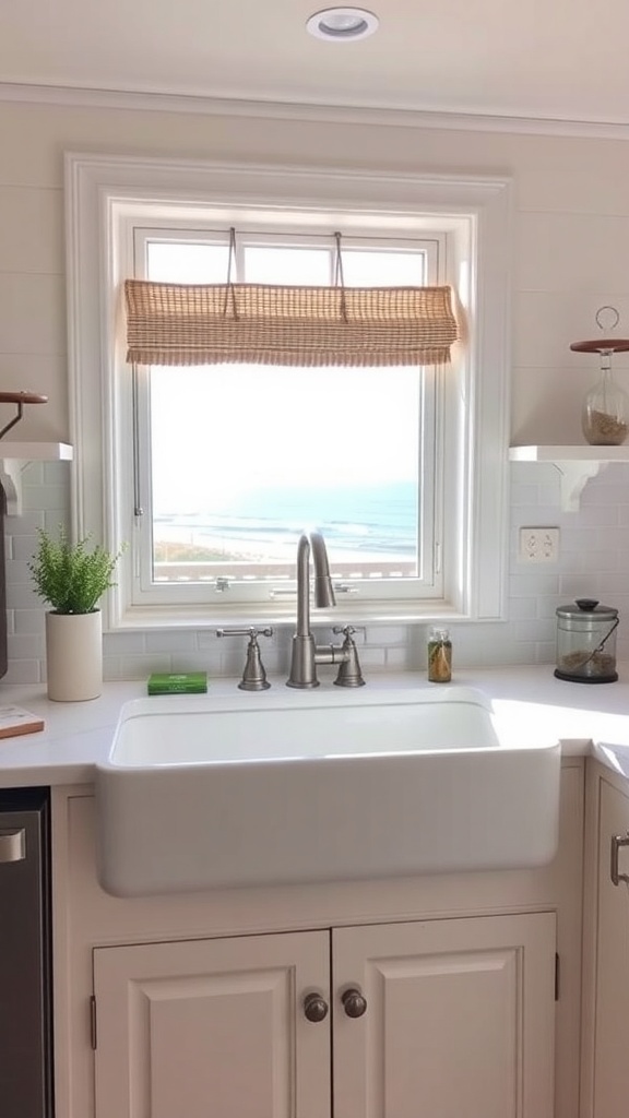 A bright coastal farmhouse kitchen featuring a large farmhouse sink with vintage fixtures and a window view of the ocean.