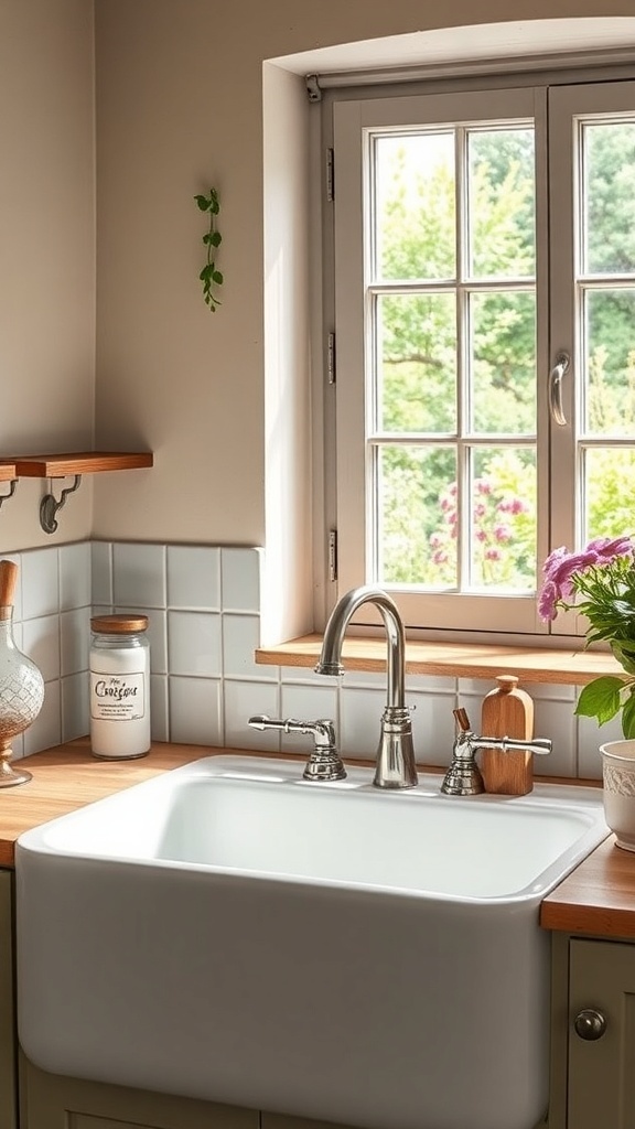 A farmhouse sink with vintage fixtures in a cozy kitchen setting.
