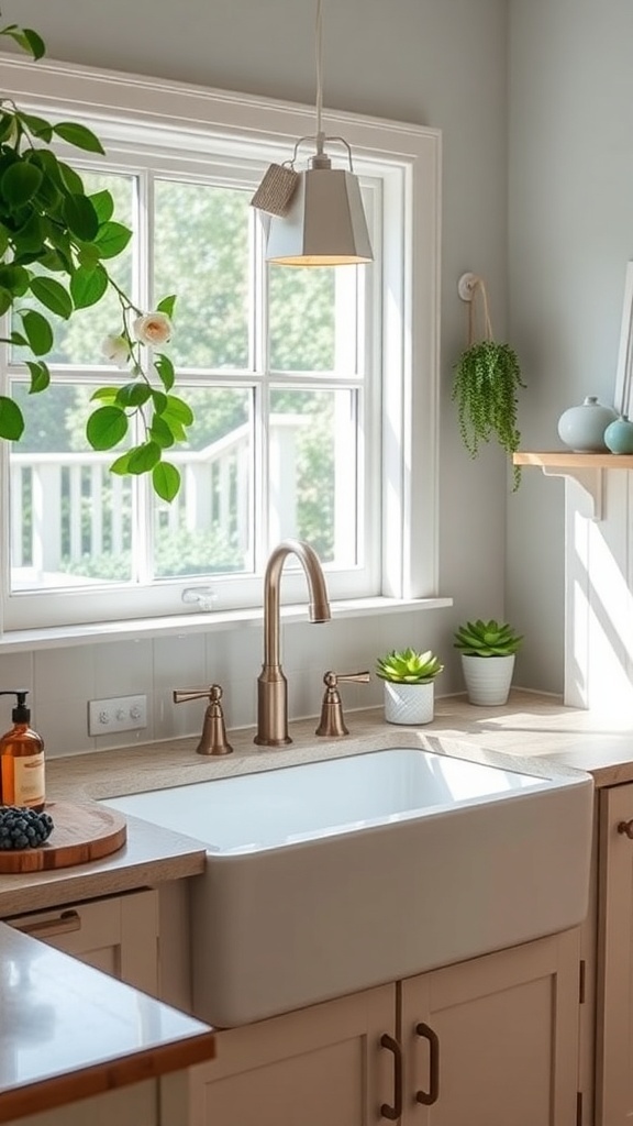 A vintage farmhouse kitchen featuring a large white sink and stylish fixtures.