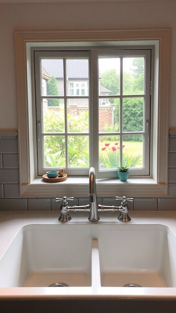 A farmhouse sink with vintage fixtures and a view of a garden through the window.