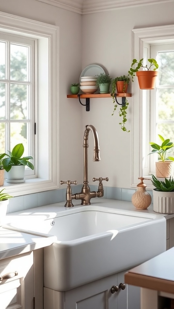 A farmhouse sink with vintage fixtures in a bright kitchen, surrounded by plants.
