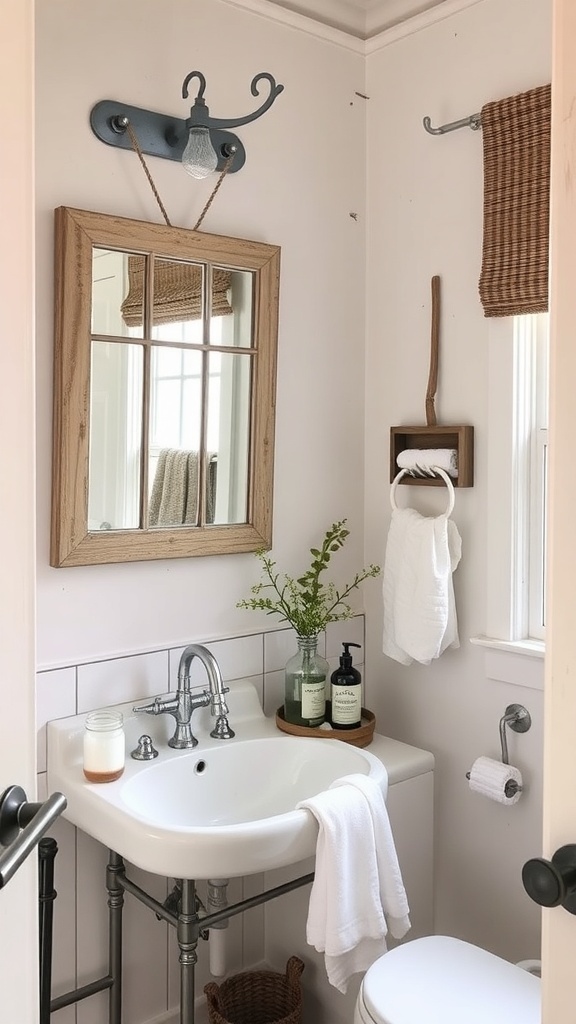 A rustic bathroom featuring a wooden mirror, vintage light fixture, and natural decor.