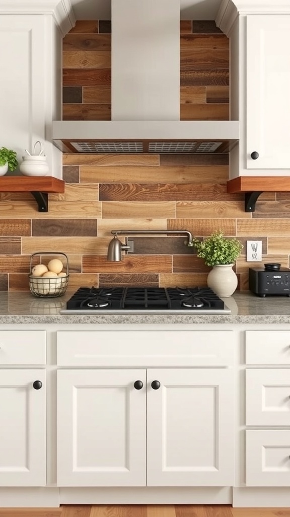 Farmhouse style kitchen backsplash with wooden tiles and white cabinets.