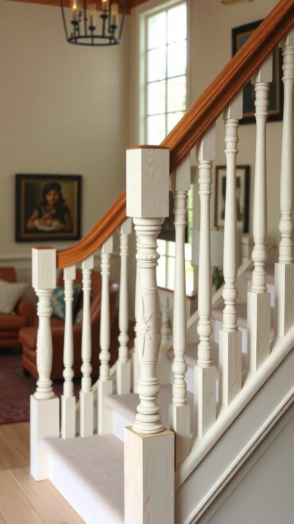 A modern farmhouse staircase with decorative balusters and wooden handrail.