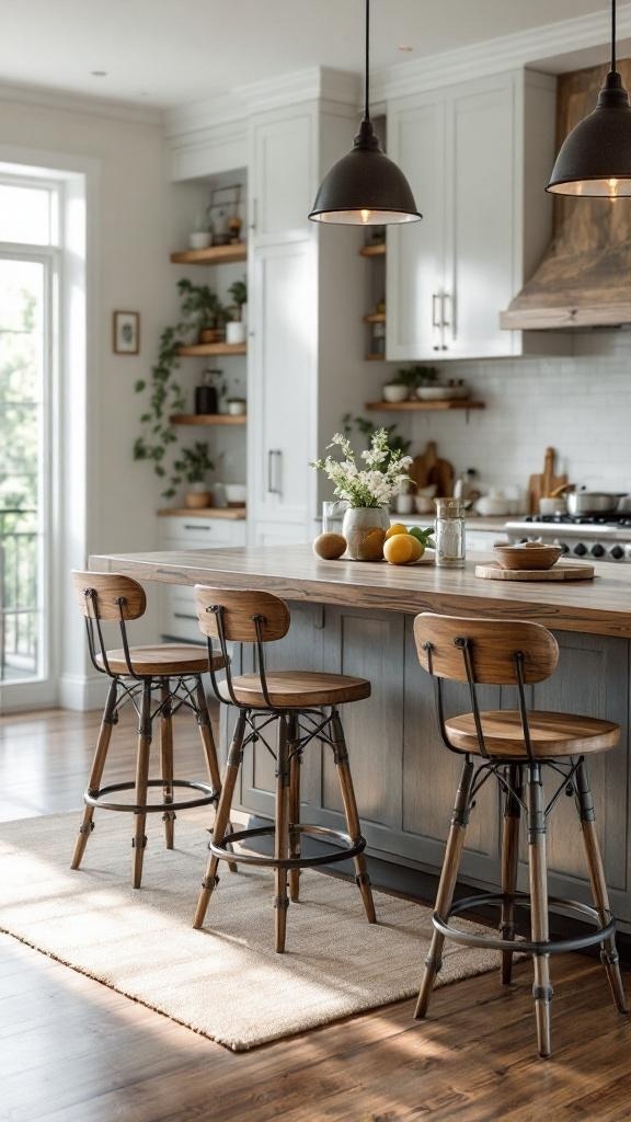 Farmhouse style kitchen with wooden bar stools around an island