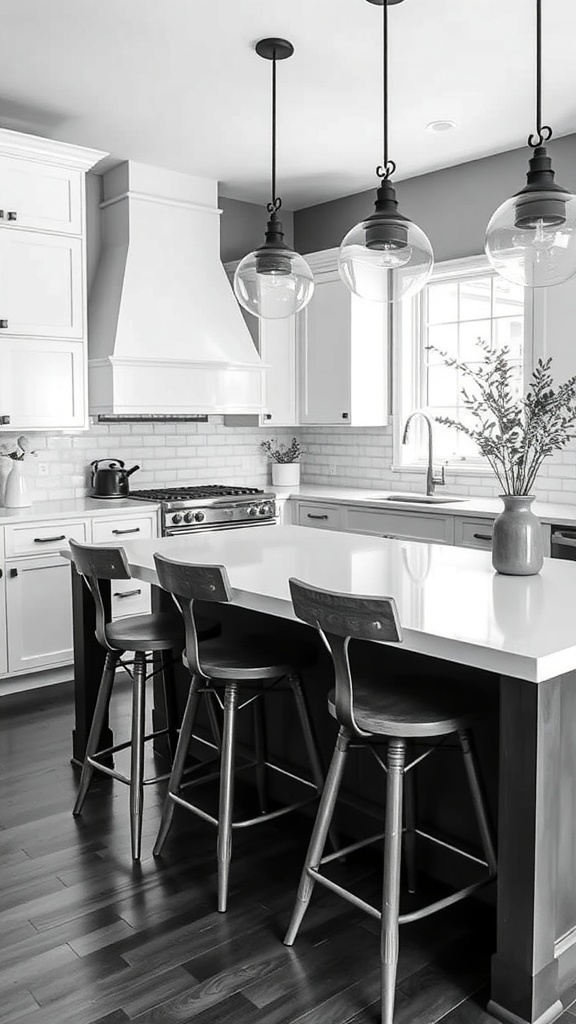 Black and white farmhouse kitchen with bar stools