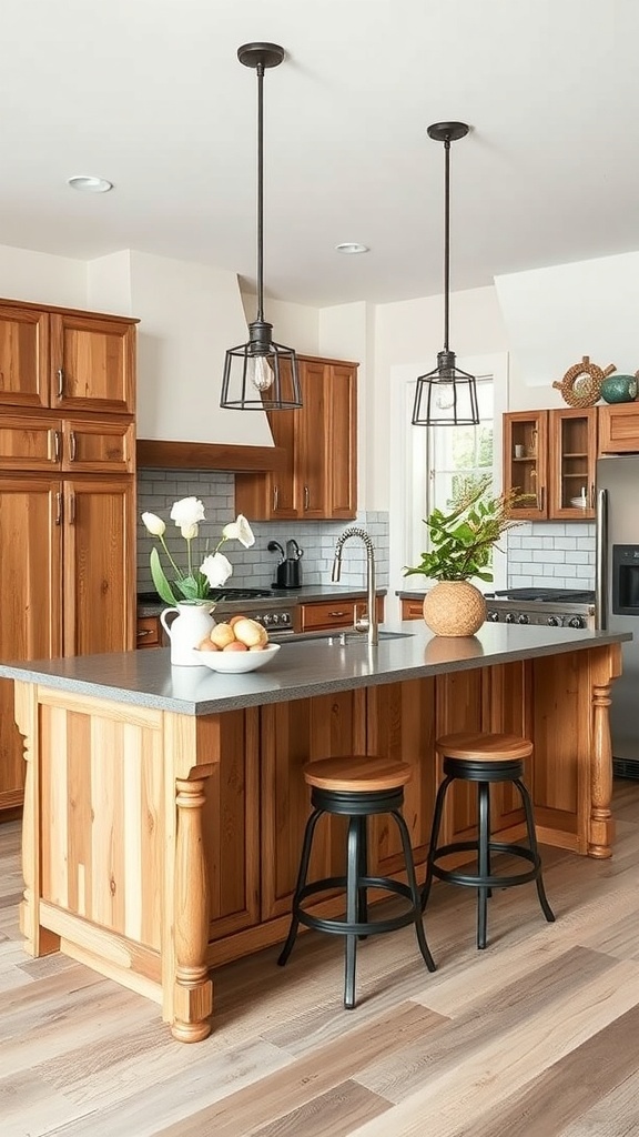 Rustic kitchen with wooden cabinets and a central island.