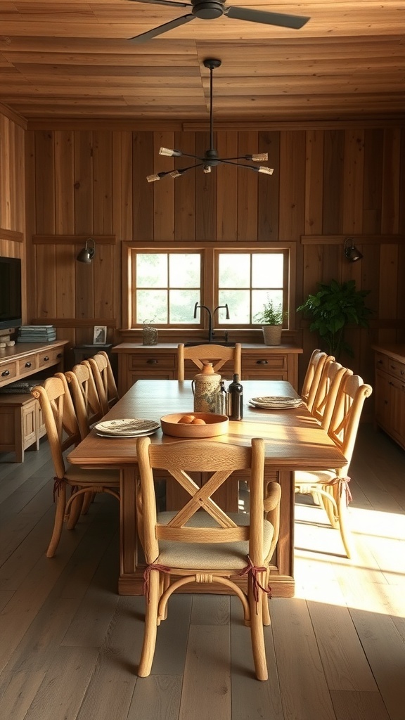 A rustic dining room featuring wooden farmhouse style chairs around a large table.