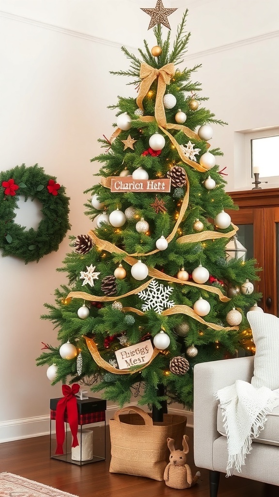 A beautifully decorated farmhouse style Christmas tree with natural elements and warm decorations.