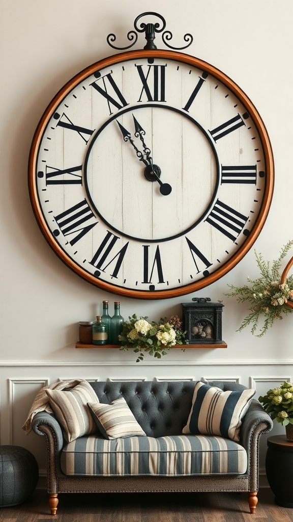 A large farmhouse style clock with Roman numerals on a wall above a cozy couch.