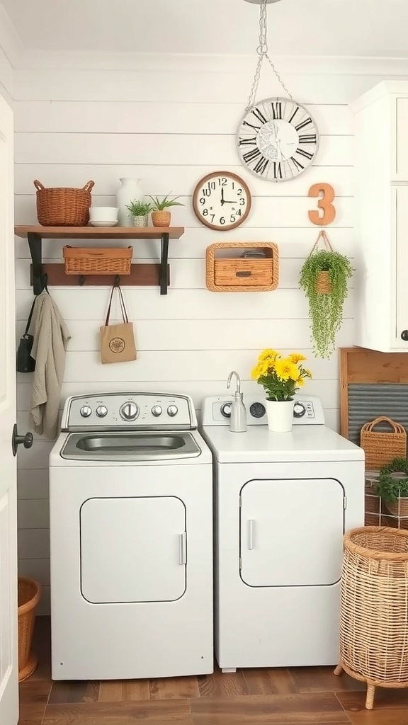 A rustic laundry room featuring white appliances, wooden shelves, and decorative baskets.