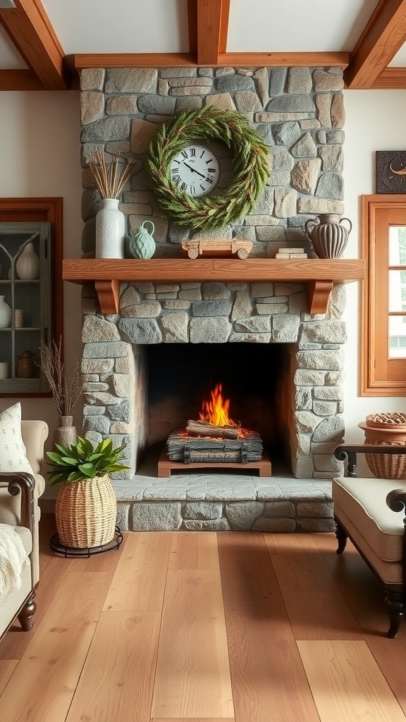 A cozy farmhouse-style fireplace with a stone surround, wooden mantel, and decorative items.