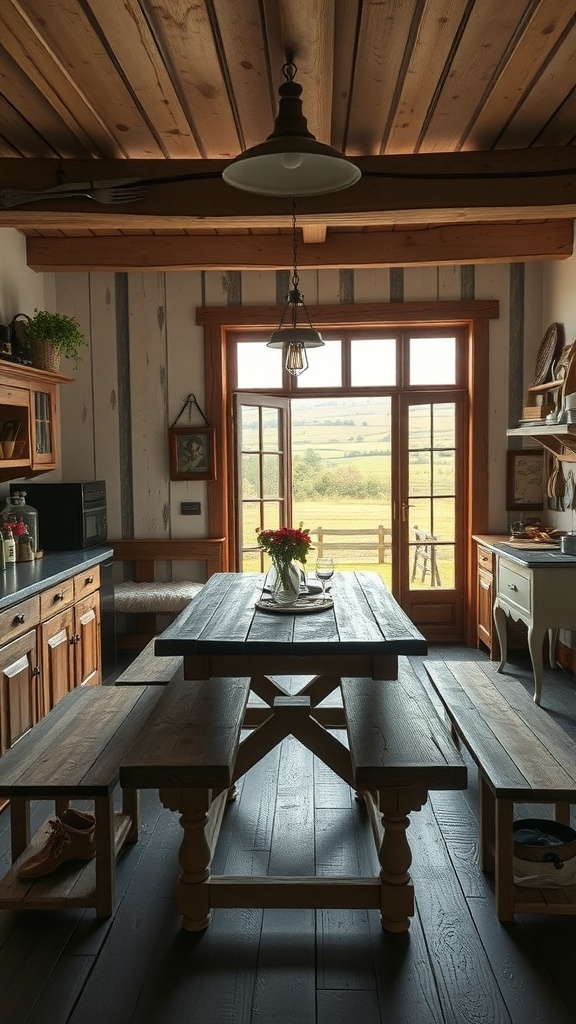 A rustic farmhouse kitchen with wooden beams, a large table, and natural light coming through the windows.