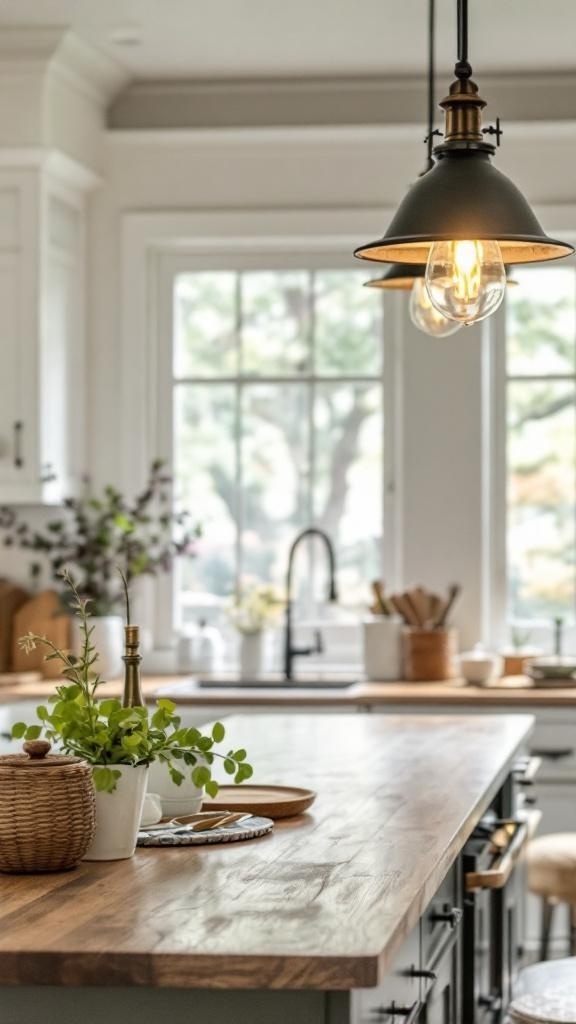 A farmhouse kitchen featuring a stylish pendant light above a wooden countertop with plants and kitchen items.