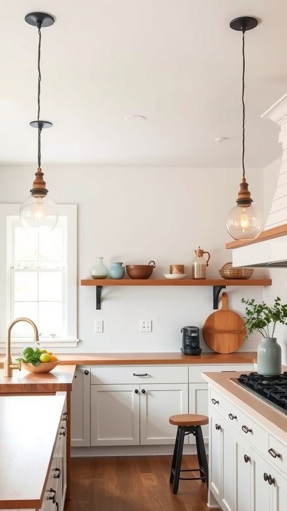 A bright farmhouse kitchen featuring pendant lighting and wooden accents.