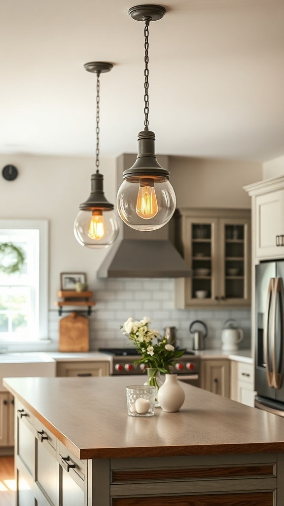Two pendant lights hanging over a kitchen island in a farmhouse style kitchen.
