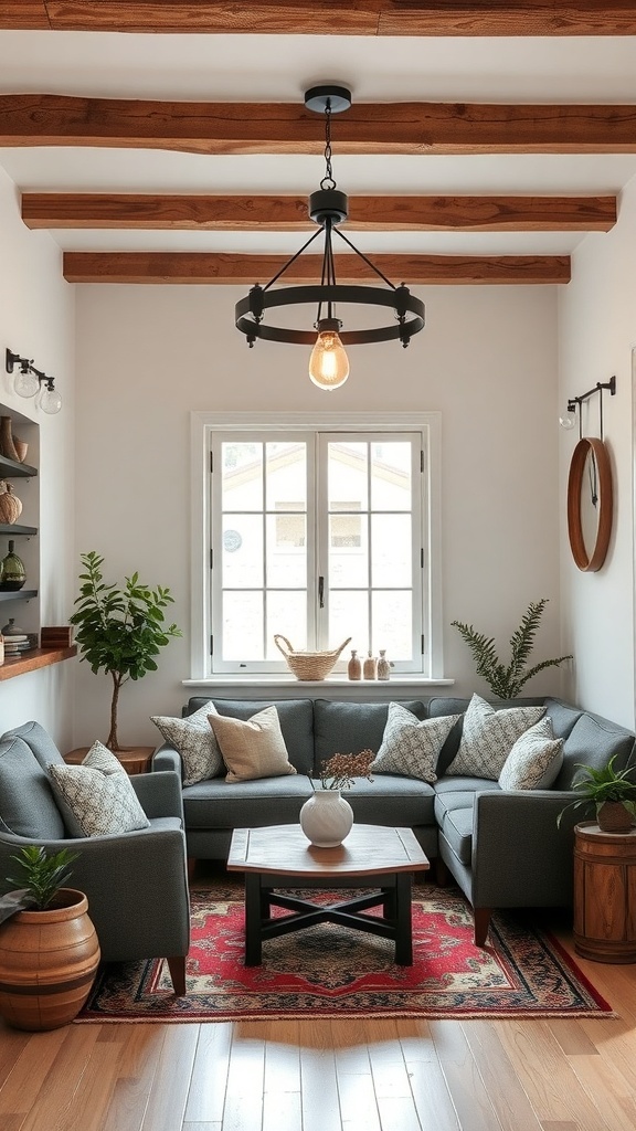 A cozy farmhouse living room with a rustic chandelier, comfortable seating, and plants.