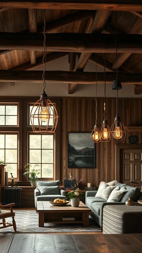 A rustic farmhouse living room with warm pendant lights and wooden beams.