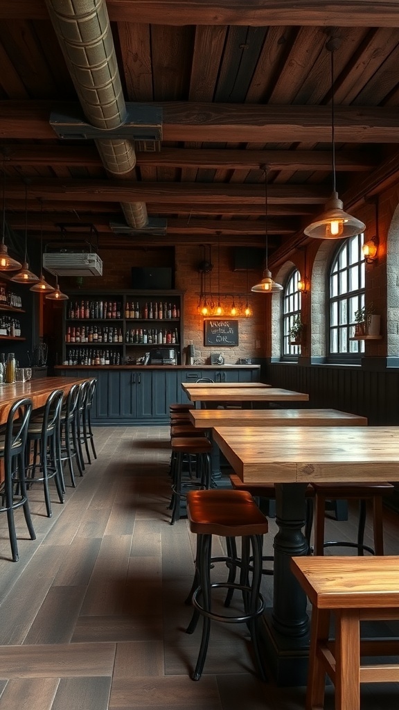 Rustic bar interior with farmhouse style seating and wooden tables.