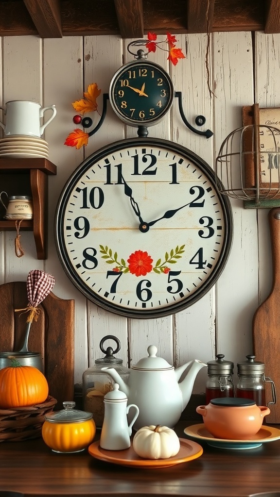 A vintage farmhouse style wall clock with floral details, surrounded by autumn decorations like pumpkins and jars.