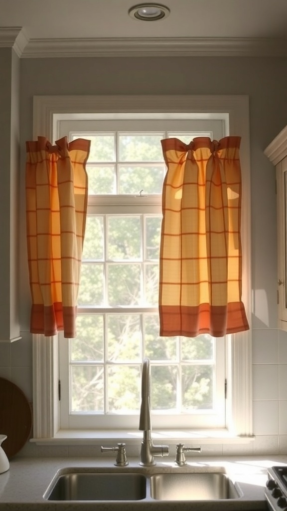 Farmhouse kitchen window with checkered curtains