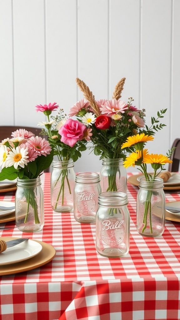 A Thanksgiving table with a red and white checkered tablecloth, mason jars filled with flowers, and simple plates.