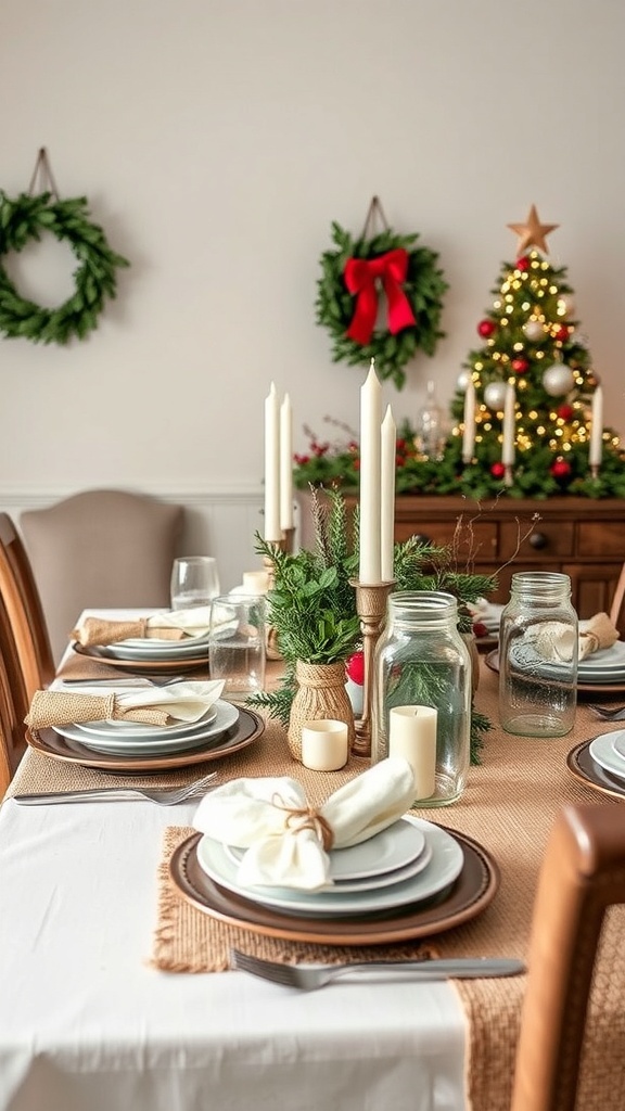 A beautifully set farmhouse style Christmas table with candles, greenery, and rustic decor.