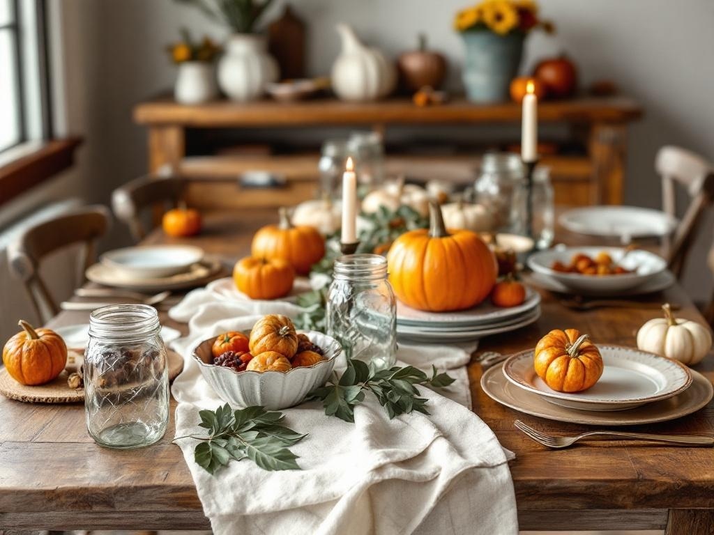 Thanksgiving table set with pumpkins, candles, and rustic decor