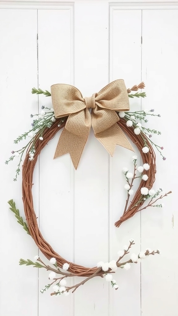 A farmhouse style winter wreath with twigs, greenery, and a burlap bow.