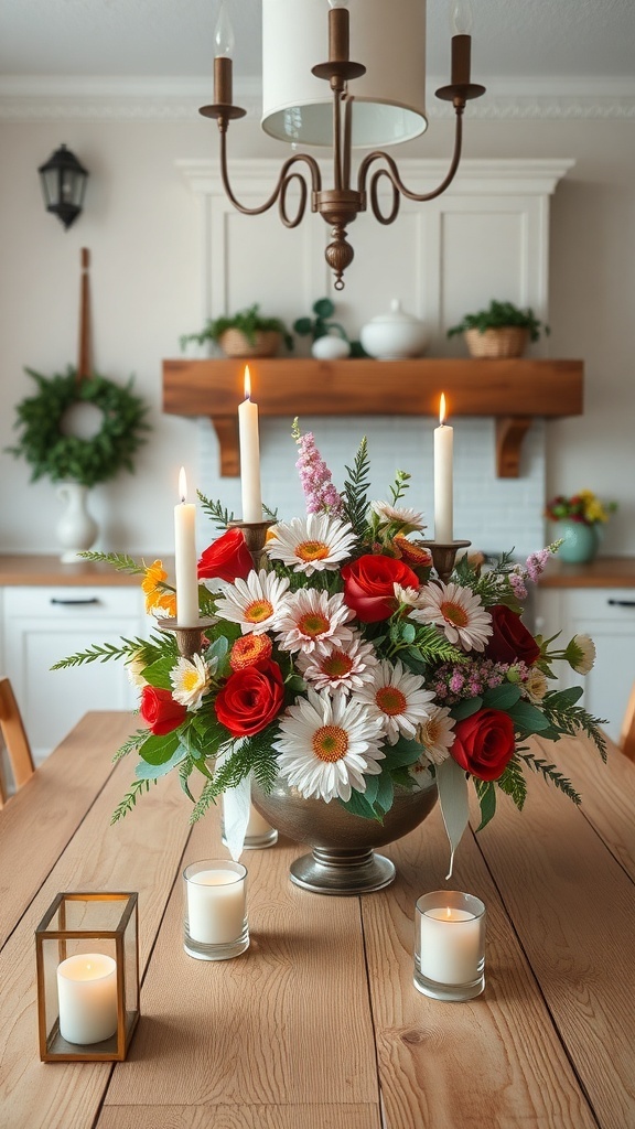 A beautiful floral centerpiece with candles on a farmhouse kitchen table.