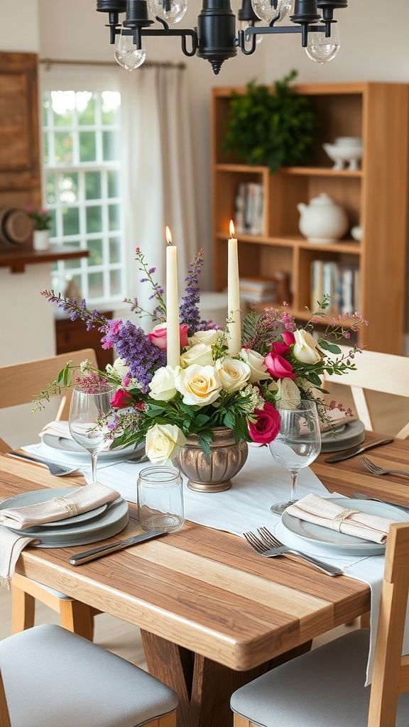 A modern farmhouse dining table set with a floral centerpiece and candles.