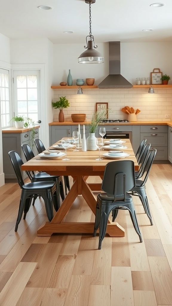 A cozy industrial farmhouse kitchen featuring a wooden table surrounded by metal chairs, ready for family meals.