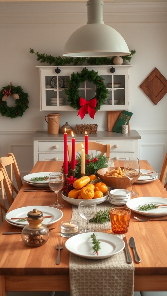 A beautifully styled farmhouse kitchen table for the holidays with candles, fruits, and greenery.