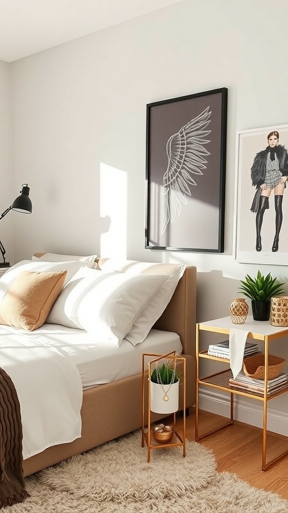 A stylish teen girl bedroom featuring trendy wall art, a cozy bed, and chic accessories.