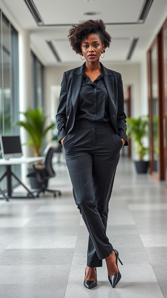 A black woman in a tailored black suit with trousers and heels, standing confidently in a modern office space.