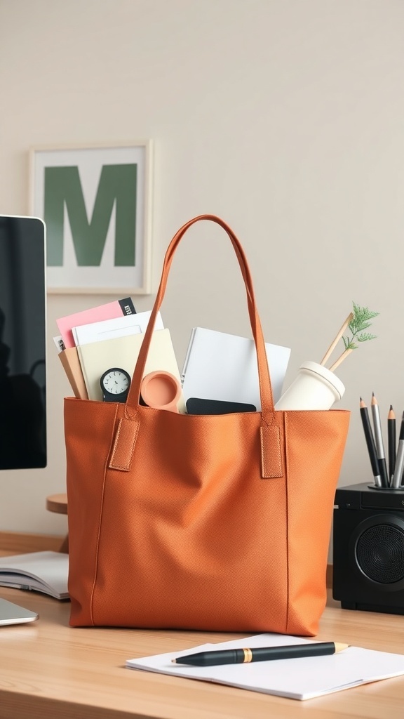 Stylish orange tote bag filled with work essentials on a desk