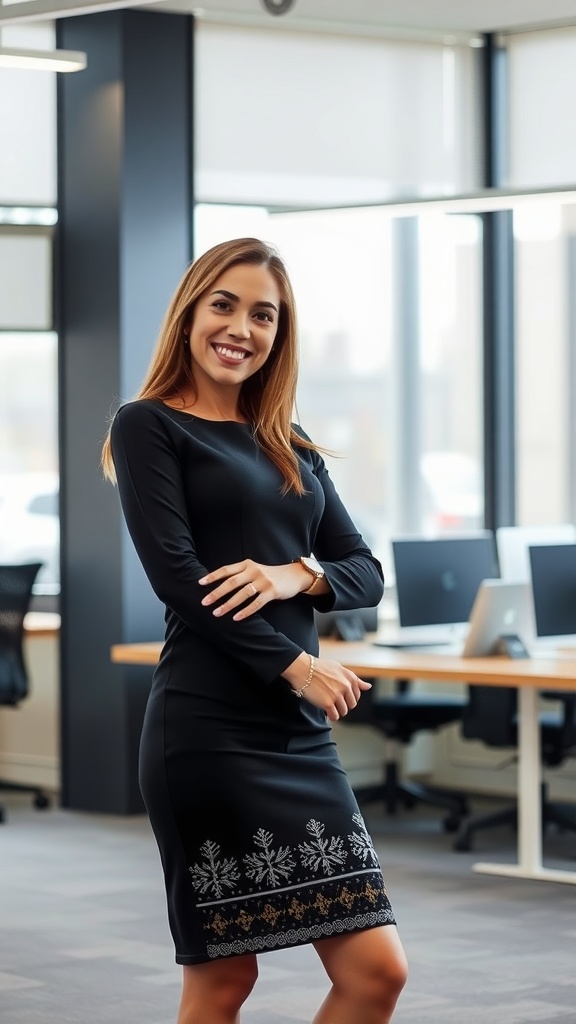 A woman in a fitted black dress with embroidery at the hem, smiling in an office setting.