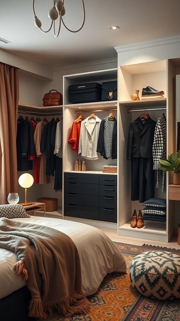 A stylish teen girl's closet featuring organized clothes, a cozy pouf, and warm lighting.