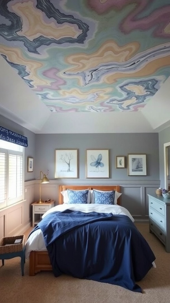 A bedroom with a faux finish ceiling featuring artistic text, a cozy bed, and modern decor.