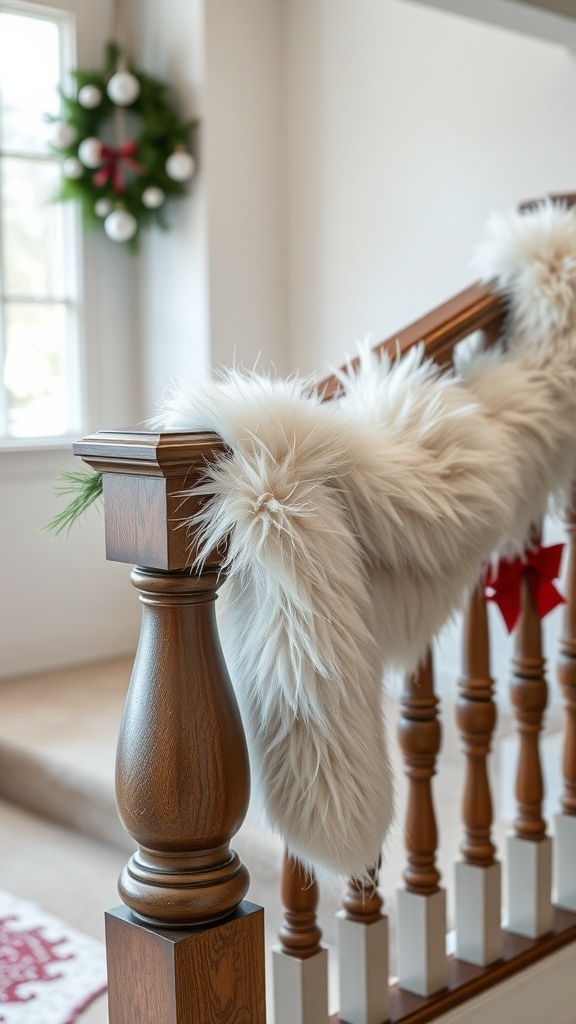 Faux fur draped over a wooden banister with a festive wreath in the background