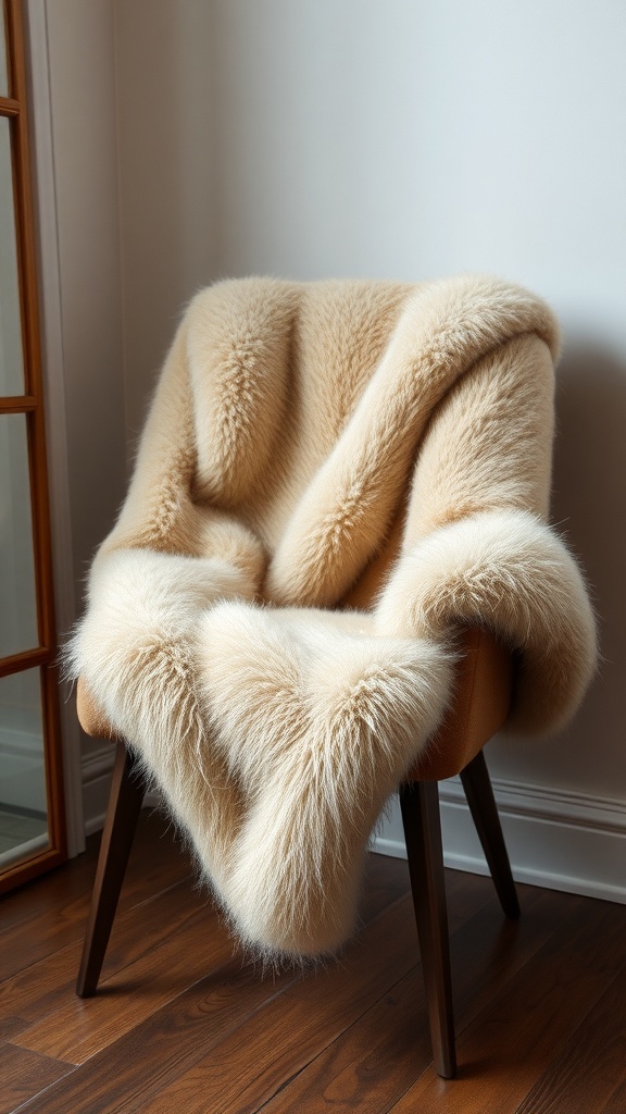 A cozy chair with a soft faux fur throw blanket draped over it, enhancing the winter decor.