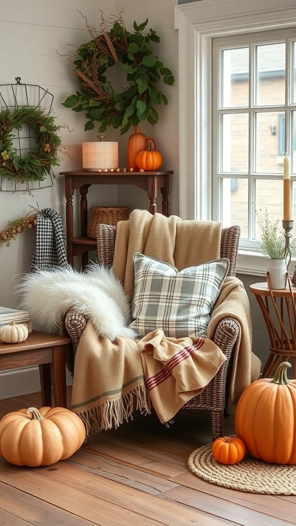 Cozy farmhouse decor featuring faux fur accents, pumpkins, and warm lighting.