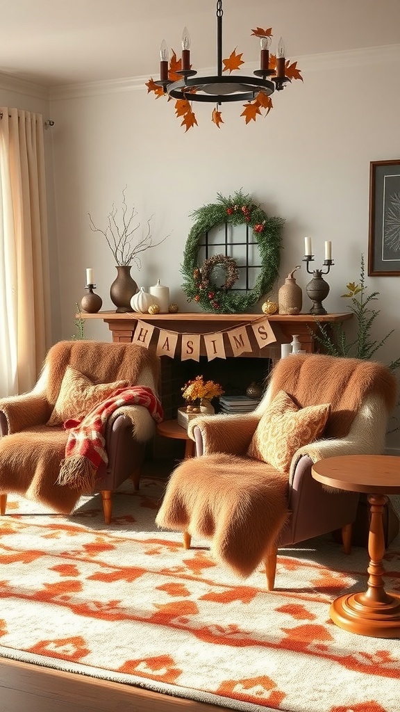 Cozy living room with faux fur accents, warm colors, and fall decorations.