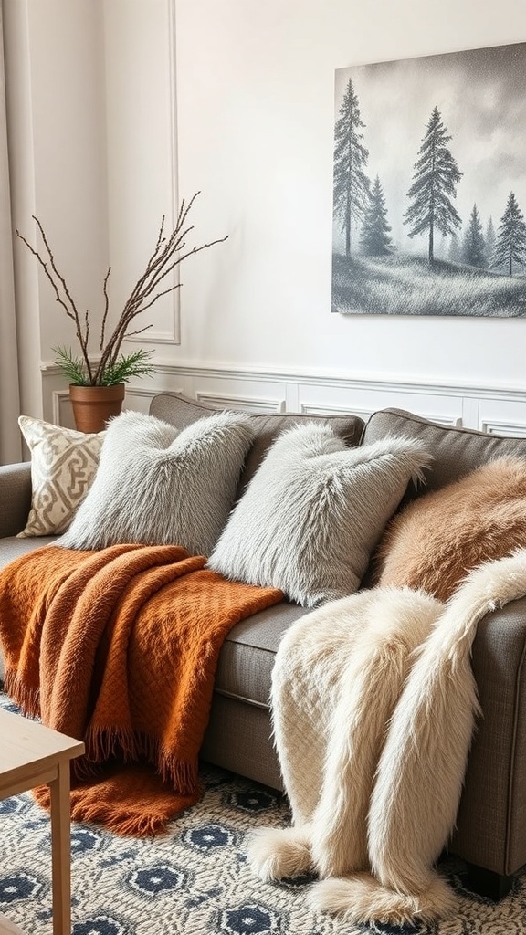A cozy living room with faux fur pillows and throws on a sofa, creating a warm atmosphere.